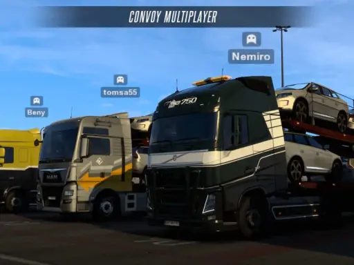 Konwój ciężarówek w grze ETS multiplayer. Beny, tomsa55 i Nemiro przygotowują się do wspólnej jazdy.