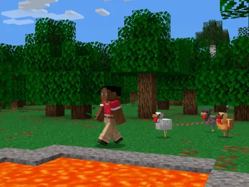 Gracz w Minecraft zbiera patyki, by zrobić smycz. Obok niego idą kury i owca.