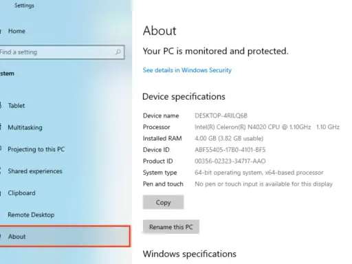 Ekran "About" w Ustawieniach Windows, pokazujący jak sprawdzić specyfikacje komputera: nazwa urządzenia, procesor, RAM, ID.