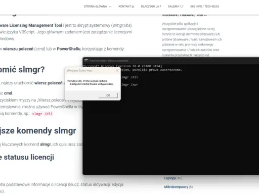 Komunikat "Komputer został trwale aktywowany" po wpisaniu komendy slmgr /dli, co oznacza, że udało się aktywować system Windows.