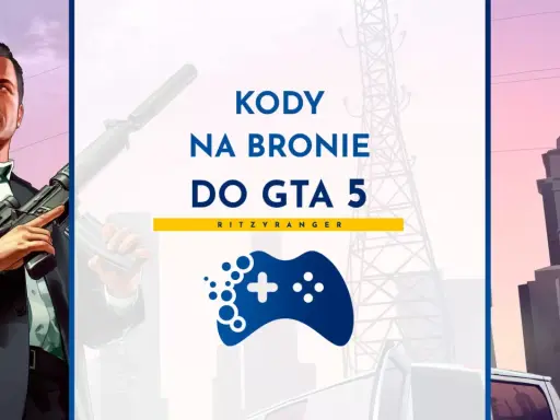 Michael z GTA 5 trzyma broń, a obok napis "Kody na bronie do GTA 5".