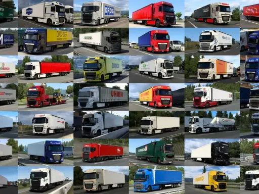 Kolekcja ets2 cars: ciężarówki różnych marek i firm transportowych, od białych po czerwone i niebieskie, jadące po drogach.
