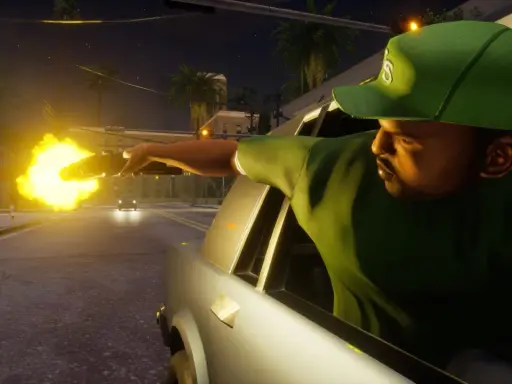 CJ strzela zza okna samochodu, jakby szukał kodu na nieśmiertelność w GTA SA.