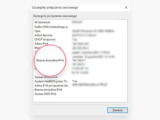 Szczegóły połączenia sieciowego pokazują adres bramy domyślnej IPv4, który jest adresem ip routera: 192.168.0.1.