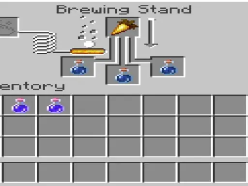 Stojak do warzenia w Minecraft tworzy potki. Widać tu marchewkę, wodę i trzy gotowe potki.