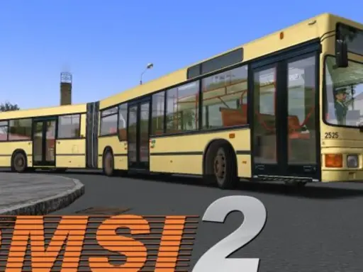 Żółty przegubowy autobus MAN na tle budynków i nieba, z logo OMSI 2.