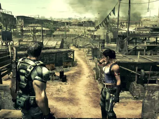 Chris i Sheva w zrujnowanej wiosce, przygotowani do walki w Resident Evil 5 Remake.