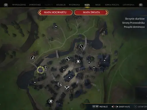 Mapa Hogsmeade z zaznaczonymi skrzyniami skarbów, stronami przewodnika i posążkami demimoza.