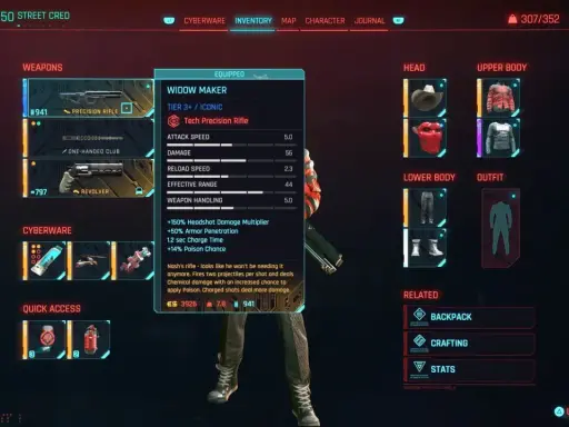 Interfejs gry Cyberpunk 2077: ekwipunek z karabinem Widow Maker, zasady gry widoczne w statystykach broni.