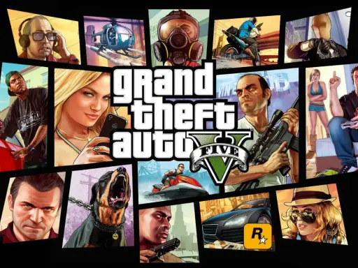 Kody GTA 5 PS5: kolaż postaci z gry, w tym Michael, Franklin, Trevor, Chop i inne.