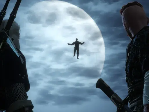 Geralt i Dijkstra obserwują unoszącą się postać na tle księżyca. Czy to ten, kto sieje wiatr w Wiedźminie 3?