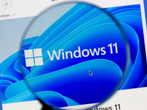 Szukasz sposobów, jak przyspieszyć komputer? Powiększenie ukazuje logo Windows 11, sugerując optymalizację systemu.