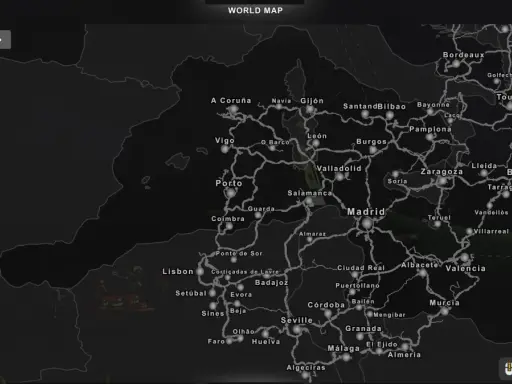 Mapa ETS 2 z zaznaczonymi miastami w Hiszpanii i Portugalii, w tym Madrytem, Barceloną i Lizboną.