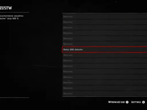 Menu oszustw w RDR2. Wybrana opcja "Dodaj 500 dolarów" daje 500 $.