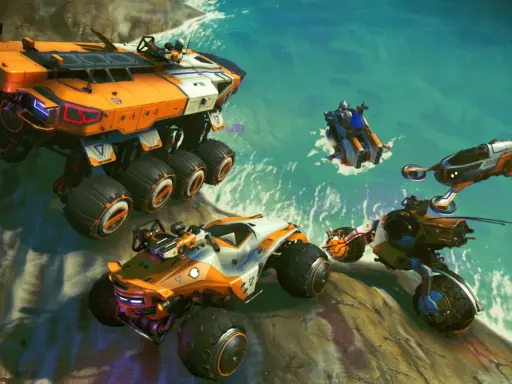 Różnorodne pojazdy z gry No Man's Sky poradnik: wielka ciężarówka, buggy, motocykl i latający pojazd na tle wodnego krajobrazu.