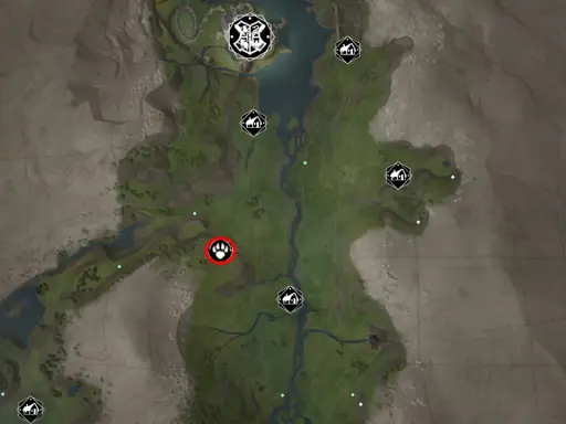 Mapa Hogwart's Legacy z zaznaczonym śladem łapy. Szukaj przygód w tej krainie!