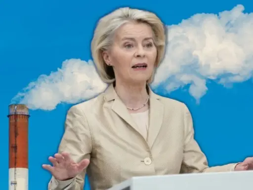 Ursula von der Leyen przemawia na tle komina fabrycznego z dymem, symbolizując walkę z emisjami i realizację celów ETS3.