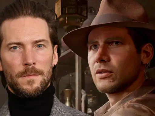Troy Baker obok postaci w kapeluszu, przypominającej Indianę Jonesa.