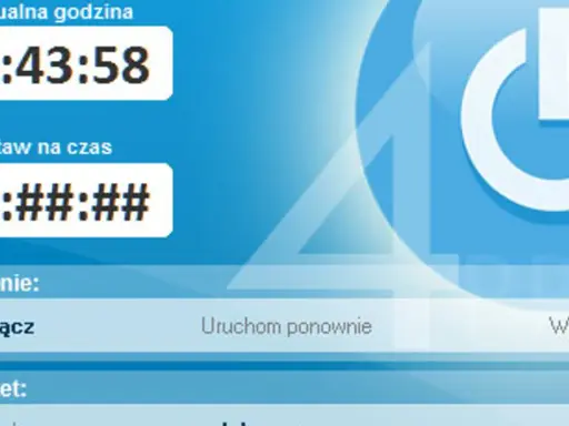 Interfejs programu do automatycznego wyłączania komputera. Aktualna godzina 14:43:58, polecenie "Wyłącz".