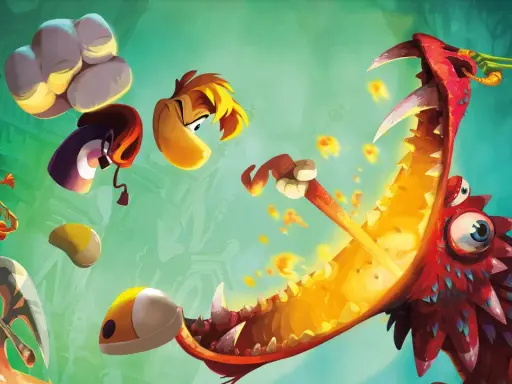 Postacie z Rayman 4 walczą z ogromnym, czerwonym smokiem.