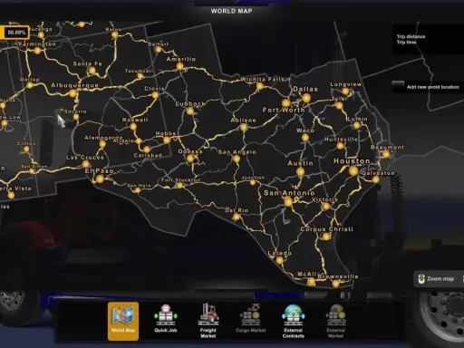 Mapa świata w grze ETS2, pokazująca południowo-zachodnie Stany Zjednoczone. Widoczne miasta to m.in. Albuquerque, El Paso, Dallas, Houston. To jest dlc mapowe ets2.