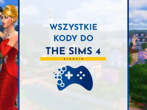 Kody na relacje The Sims 4: para w garniturze i czerwonej sukni, plansza z napisem "Wszystkie kody do The Sims 4" i ikoną pada.