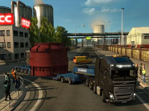 Ciężarówka z naczepą realizuje specjalny transport ets2, przewożąc ogromny czerwony element przemysłowy.