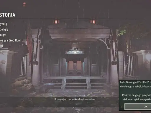 Menu gry Resident Evil 2. Dostępny jest tryb "Nowa gra [2nd Run]", który oferuje inne zakończenie i rozgrywkę. To świetny poradnik dla graczy!