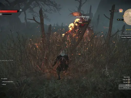 Geralt walczy z Biesem na Wyspie Mgieł. Wokół płoną trawy i drzewa, tworząc mroczną atmosferę.