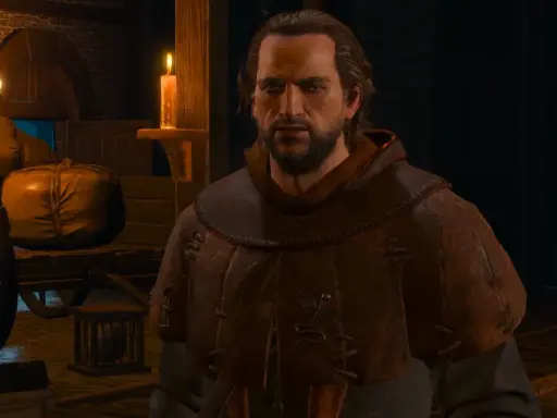 Geralt w karczmie, rozmawia z kupcem. Czy to jeden z tych, co popełnili śmiertelne grzechy w Wiedźmin 3?