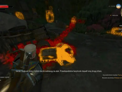 Geralt tropi bazyliszka, który zostawił ślady i rozbite beczki. Wiedźmin 3: Równowaga w przyrodzie.