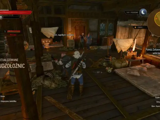 Wiedźmin 3: Spis cudzołożnic. Geralt w tawernie, gdzie zadanie "Spis cudzołożnic" zostało zaktualizowane. Pomóż Zoltanowi przegonić włóczęgów.
