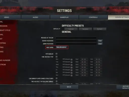 Ustawienia serwera w Conan Exiles: zakładka "General", opcja "Make Me Admin" do nadania sobie uprawnień administratora.