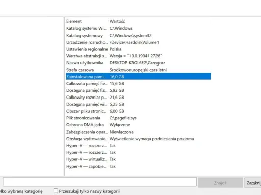 Jak sprawdzić jaki mam RAM? Na zrzucie ekranu widać okno "Informacje o systemie", gdzie pod hasłem "Zainstalowana pamięć" widnieje wartość 16,0 GB.
