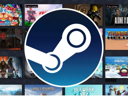 Logo Steam otoczone okładkami gier. Dowiedz się, jak udostępnić grę na Steam, aby dzielić się zabawą ze znajomymi.