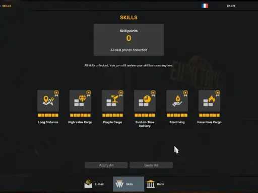 Menu umiejętności w Euro Truck Simulator 2. Poradnik pokazuje dostępne opcje: dalekie trasy, cenne ładunki, delikatne przesyłki, dostawy na czas, ekodriving i niebezpieczne towary.