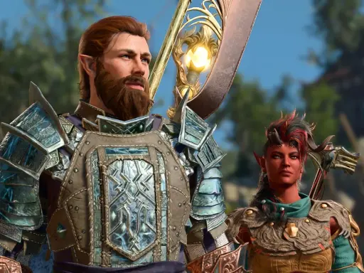 Gale BG3 w zbroi, obok niego demonica. Gotowi na przygodę w świecie Baldur's Gate 3.