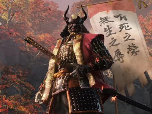 Samuraj w zbroi, z kataną, na tle jesiennego lasu i sztandaru z napisami. Sekiro poradnik dla graczy.