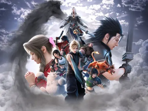 Postacie z Final Fantasy VII od Square Enix w chmurach. Cloud, Tifa, Aerith, Zack i Sephiroth w epickiej kompozycji.