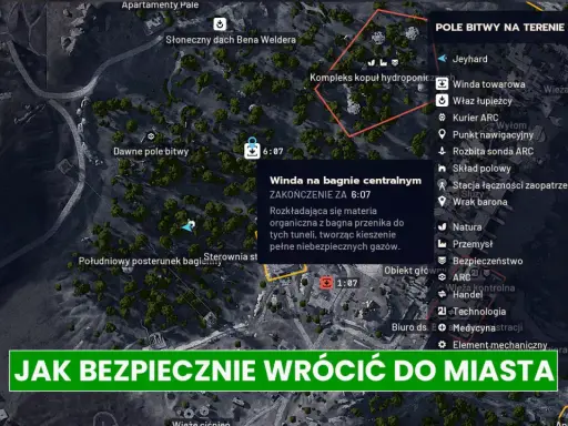Mapa terenu gry z zaznaczonymi punktami, celami i informacjami o zagrożeniach. Wskazuje drogę do bezpiecznego powrotu do miasta.