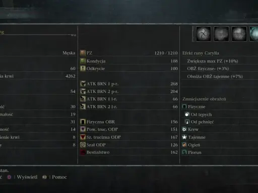 Status Vun Hylsing, poziom 60. To jest bloodborne poradnik, który pokazuje statystyki postaci, obrażenia i obrony.
