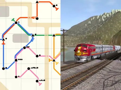 Mapa linii kolejowych i czerwony pociąg w górskim krajobrazie. Symulator spedytora.