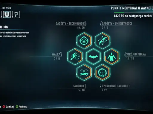 Menu gry Batman Arkham Knight. Widok drzewka umiejętności Waynetech, gdzie można ulepszać gadżety, walkę, batmobil i strój.