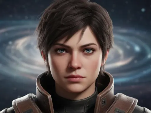 Młoda kobieta o niebieskich oczach i krótkich brązowych włosach, ubrana w skórzaną kurtkę. Idealna jako awatary do gier science-fiction.