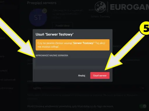 Jak usunąć serwer na DC? Kliknij "Usuń serwer", wpisz nazwę serwera, aby potwierdzić.