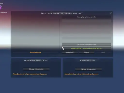 Panel startowy Euro Truck Simulator 2. Możesz kontynuować grę, edytować lub usunąć swój ets 2 save.