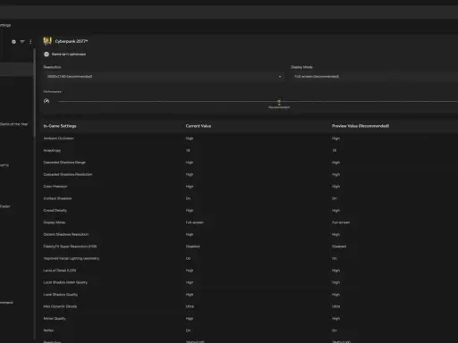 NVIDIA Experience pokazuje ustawienia graficzne dla Cyberpunk 2077, z opcją optymalizacji i listą parametrów gry.