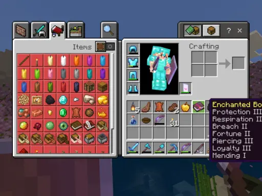 Gracz w Minecraft pokazuje, jak zrobić książkę z zaklęciami, prezentując wiele zaklęć, takich jak Ochrona III i Szczęście II.