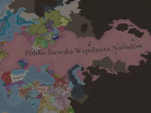 Mapa Europy w grze Europa Universalis 4. Potężna Rzeczpospolita rozciąga się od Bałtyku po Morze Czarne.