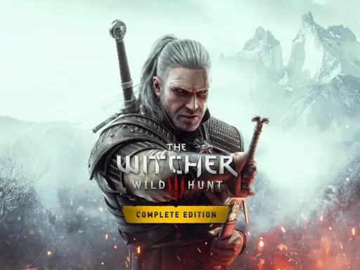 Geralt z Rivii, wróg publiczny Wiedźmin 3, gotowy do walki na tle zimowych gór i płomieni.